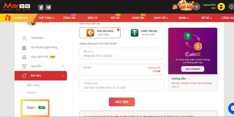 Phương thức rút tiền May88 mới, chuyển thưởng bằng USDT